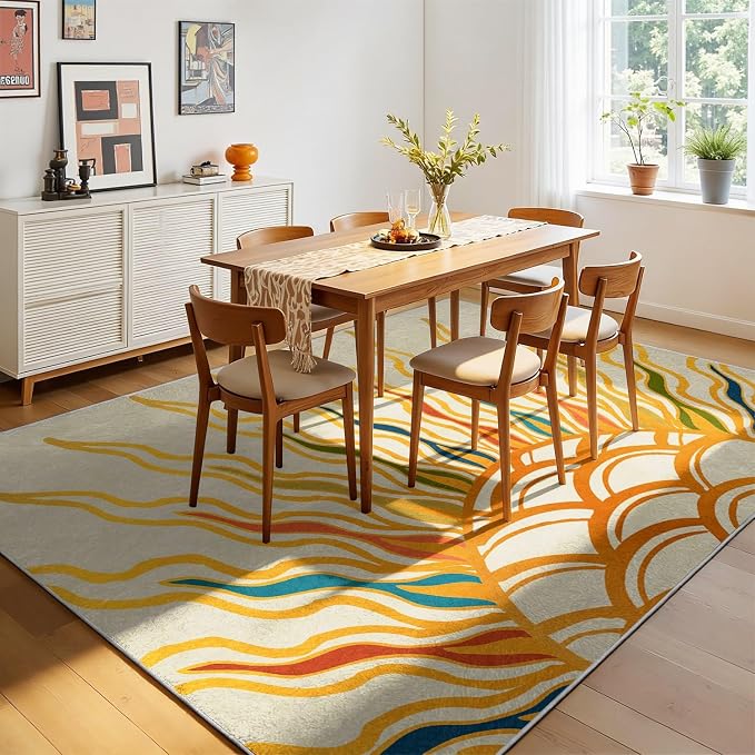 Sunburst Abstract Area Rug 7x9, Yellow Orange Colorful Sun Pattern Rugs, Boho Modern Washable Non-Slip Soft Carpet for Living Room Bedroom Dining Room Home Office Entryway