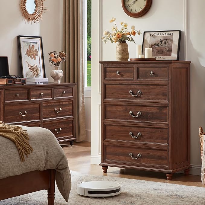 Farmhouse 6 Drawer Dresser for Bedroom, 42" Tall Rustic Chests of Drawers w/ 4 Solid Wood Feet, Mid Century Modern Wooden Closet Storage Dressers Organizer for Living Room, Hallway,Brown