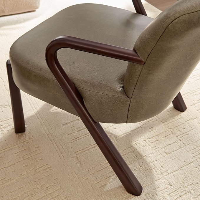 Modway Arden Faux Leather Upholstered Accent Armchair in Mushroom – Mid-Century Modern Lounge Chair with Curved Wood Frame