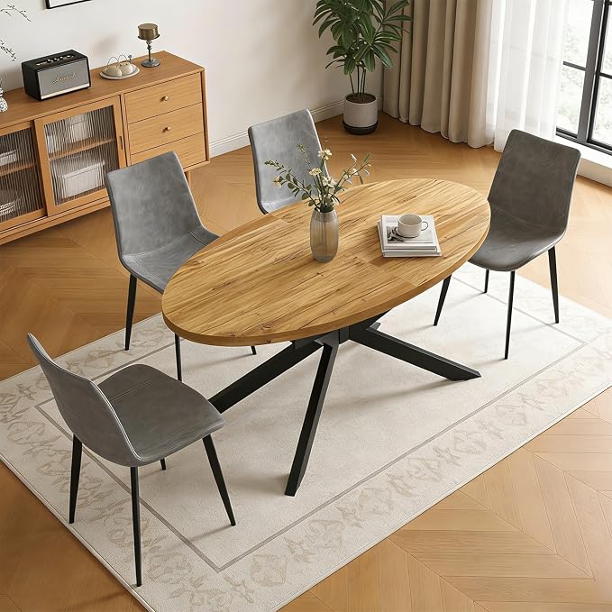 63"-78.7" Extendable Round Dining Table Set for 4, 5 Piece Mid Century Modern Oval Kitchen Table Set, Large Dining Table with 4 Dining Chairs for Living Room Space Saving（Walnut Table+4 Grey Chairs)