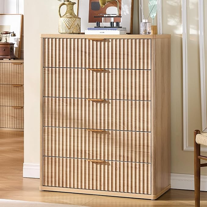 LEYAOYAO Fluted 5 Drawers Dresser for Bedroom, 41" Tall Modern Chest of Drawers with Metal Handle, Curved Profile Farmhouse Closet Organizer Wood Dressers TV Stand for Living Room, Natural