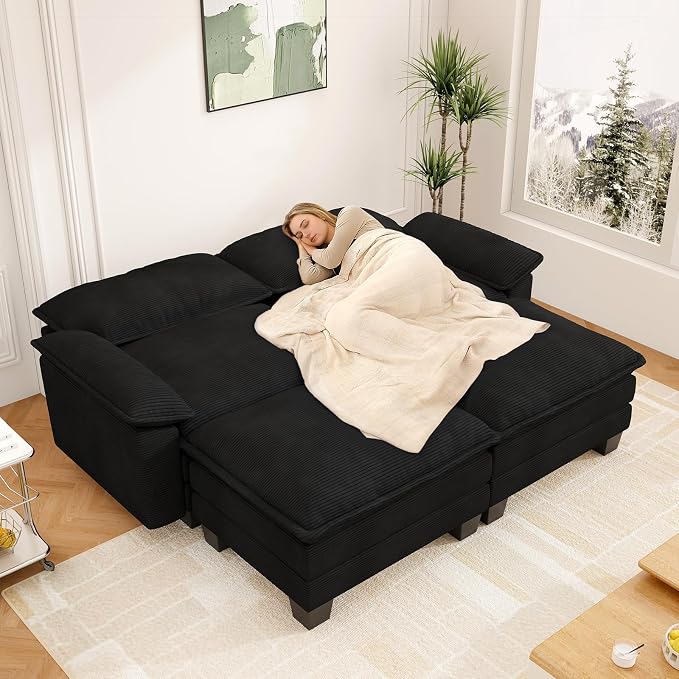 Modular Sectional Sofa Cloud Couch, Comfy Corduroy Loveseat with Ottoman Upholstered Deep Seat Sleeper Sofa Bed 2 Seater Couch Oversized Chaise Lounge Chair Indoor for Living Room Bedroom, Black