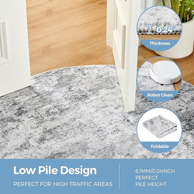 WITSHOCK 6ft Round Area Rug for Living Room: 6x6 Washable Neutral Modern Abstract Soft Thin Rug Indoor Floor No Slip Rug Carpet for Bedroom Under Dining Table Home Office Decor (Gray)