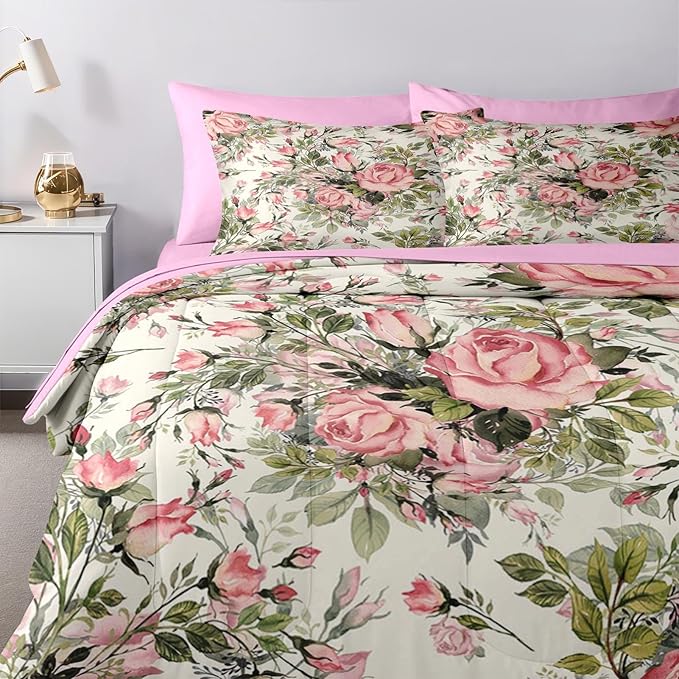 Nesker 7 Pcs Comforter Set King Size, Shabby Chic Vintage Summer Bedding Set for Kids and Adults, Rose Herbs Flower Bed Sheet Sets with Fitted Sheet 2 Pillowcases & 2 Shams