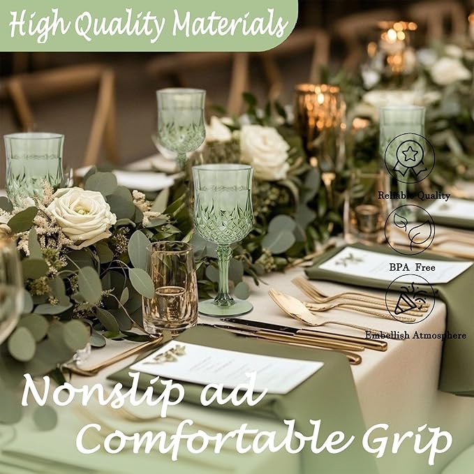 Plastic Wine Glasses, Plastic Goblets Vintage Style Cordial Drinking Glasses for Valentine’s Day, Wedding Reception, Grand Event Party Supplies (12, New Green)