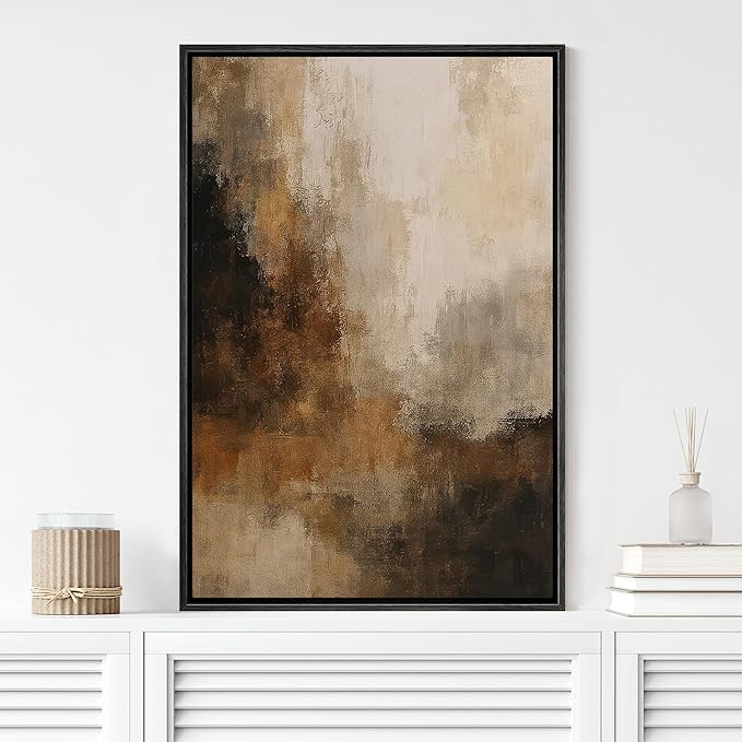 MUDECOR Framed Canvas Print Wall Art Rustic Brown Neutral Abstract Contemporary Minimalist Illustrations Fine Art Decorative Zen Multicolor Country/Farmhouse Retro for Bedroom - 16"x24" BLACK