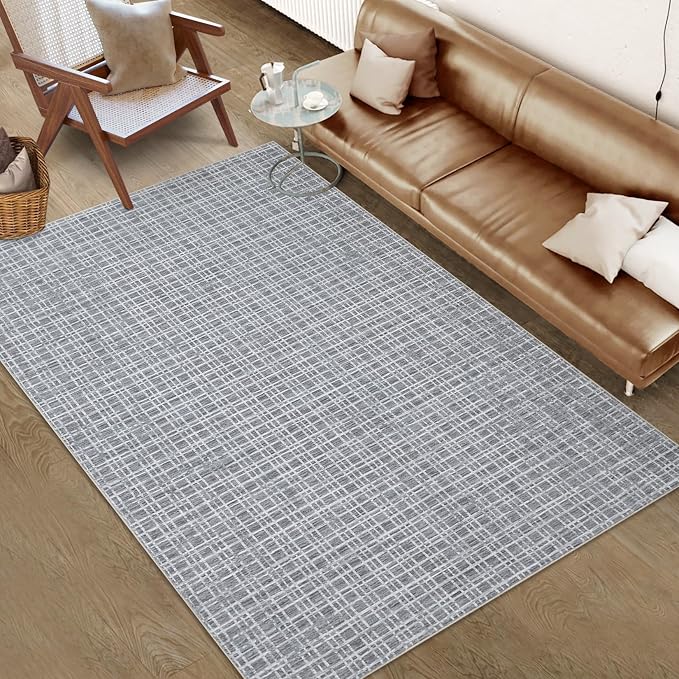 Washable Area Rug 9x12 Rug for Living Room Modern Geometric Large Area Rug for Bedroom Decor Plaid Grid Rug Non Slip Throw Rugs Low Pile Stain Resistant Carpet for Dining Room 9'x12' Grey