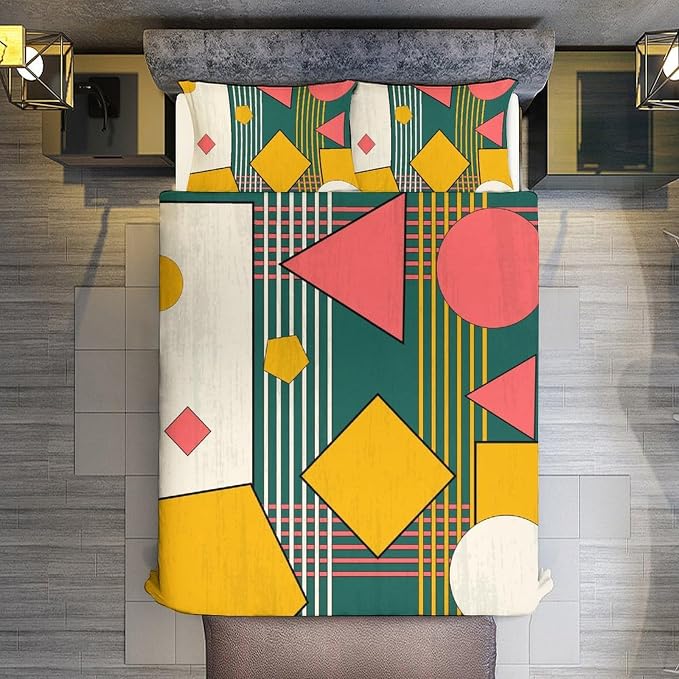 Colorful Aesthetic Comforter Cover Geometry Bed Set, Retro Atomic Duvet Cover，Modern Mid Century Bedding Sets，Aesthetic Abstract Art Bedding 3 Piece (1 Duvet Cover 102"x90" + 2 Pillow Sham 20"x30")