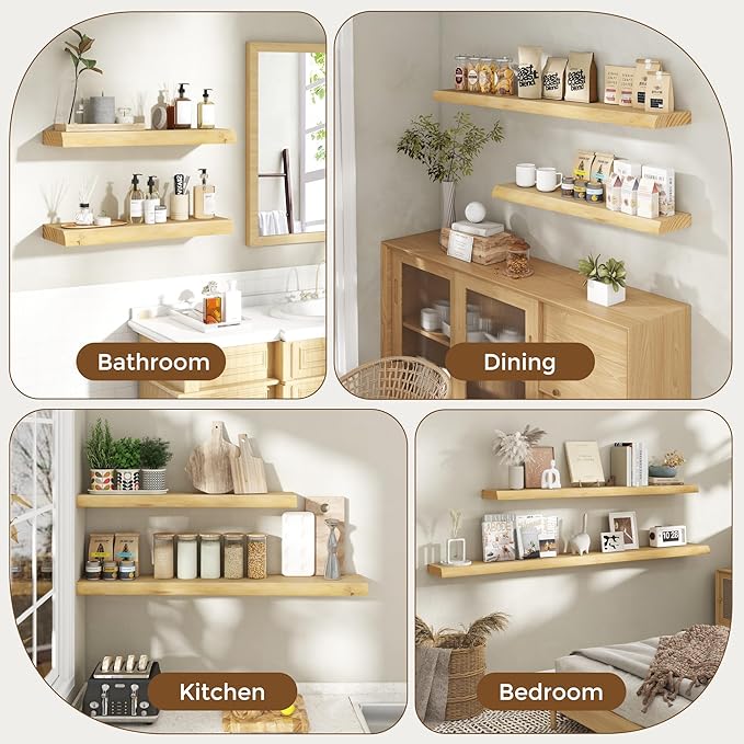 RICHFOCUS Live Edge Wood Floating Shelves for Wall 24" Natural Solid Wood Wall Mounted Shelf|8 Inch Deep Wooden Floating Shelves with Invisible Bracket for Bathroom Kitchen Room|2Pcs, Natural