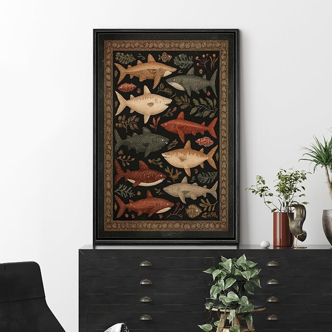 MUDECOR Framed Canvas Print Wall Art Vintage Folk Style Shark Pattern Illustrations Minimalism Decorative Bohemian Colorful Zen for Living Room, Bedroom, Office - 24"x36" NATURAL