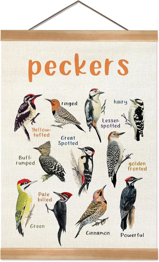 Vintage Birds Wall Art –Wall Hanging Poster with Solid Wood Frame, Linen Canvas Bird Illustration Poster, Birds Wall Decor for Bird lovers,Home, Classroom, and Kids' Room Decor 12x16inch (Peckers)
