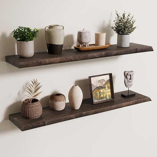 Axeman 36 inch Floating Shelves for Wall - 8'' D Live Edge Rustic Solid Elm Wood Floating Shelves Wall Mounted, Wall Shelves with Invisible Bracket for Living Room Bedroom Kitchen, Set of 2 Walnut