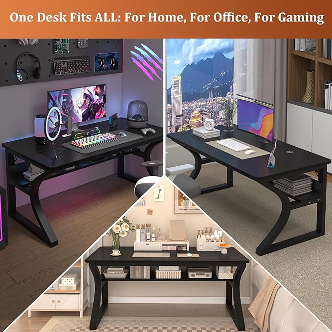 AZN Computer Desk, 47x24 in Computer Desk, Office Desk w/Storage & U-Size Metal Frame for Home Office Bedroom Gaming, Office Desk w/Water-Resistant, Scratchproof Surface, Carbon Fiber Black