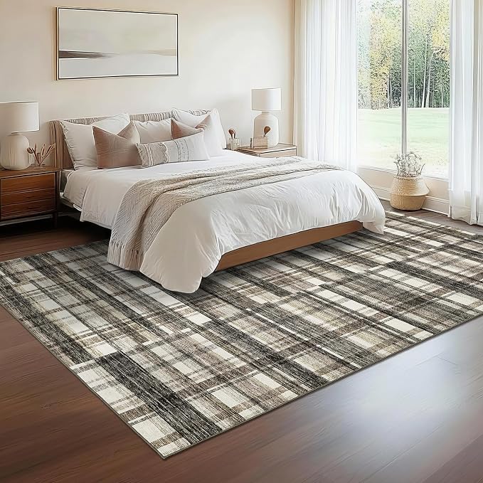 Modern Area Rug 8x10 Rug for Living Room Washable Rug Non Slip Geometric Plaid Throw Rugs Rustic Large Area Rug Low Pile Bedroom Rugs Stain Resistant Carpet for Classroom Office Beige 8'x10'