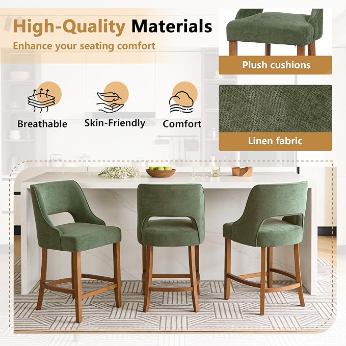 ClinQ Bar Stools Set of 4, 26" H Counter Height Bar Stools with Backs, Modern Upholstered Accent Barstools with Curved Footrest for Kitchen Island, Dining Room and Bar, Green-Walnut Legs