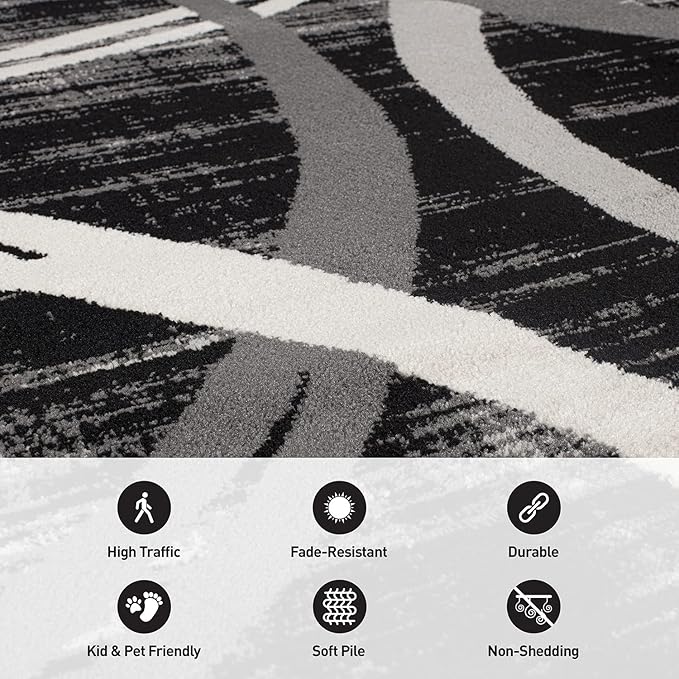 Rugshop Modern Wavy Circles Design Runner Rug, Fade-Resistant Carpet for Hallway, Entryway, or Kitchen, Black, 2' x 10'