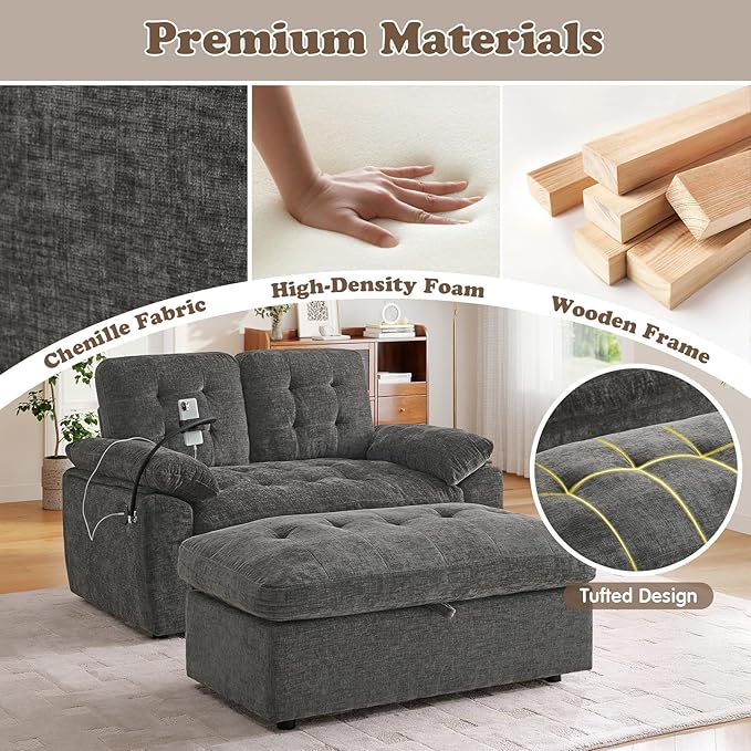 Oversized Chaise Lounge Chair Indoor with Ottoman&Adjustable Backrest,Chenille Tufted Recliner Comfy Loveseat Sofa Chair with USB&Phone Holder,Convertible Sleeper Couch Bed for Living Room(56"W,Grey)
