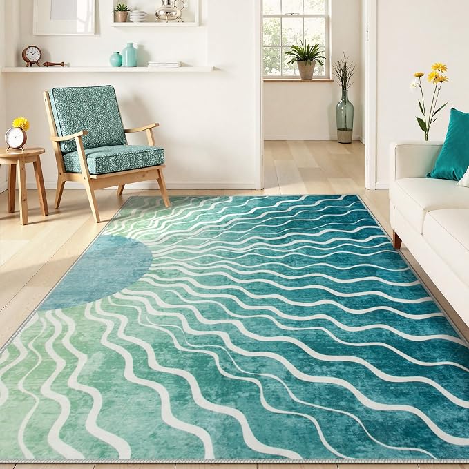 Wonnitar Sun Print Green Area Rug, Boho Washable 6x9 Area Rugs for Living Room, Non Shedding Soft Non Slip Modern Sage Green Carpet for Bedroom Dining Room Office, Teal/Multi