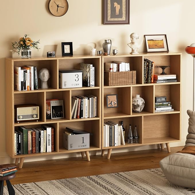 Shintenchi Cube Storage Organizer, 3 Tier Mid-Century Bookcase with Legs Cubeicals Retro Wood Organizer Storage Bookcase, Freestanding Open Book Shelves for Bedroom,Living Room,Office(Natural)