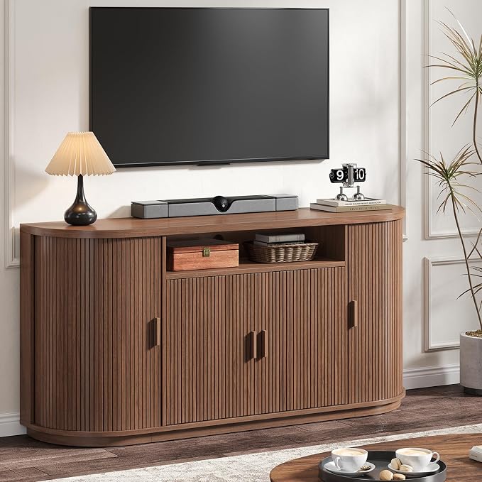 63" Sideboard Buffet Cabinet with Storage, Modern Fluted Accent Credenza with Sliding Doors, Drawers and Adjustable Shelves, Wood Coffee Bar Console Table for Kitchen, Living Room, Enrtyway (Walnut)