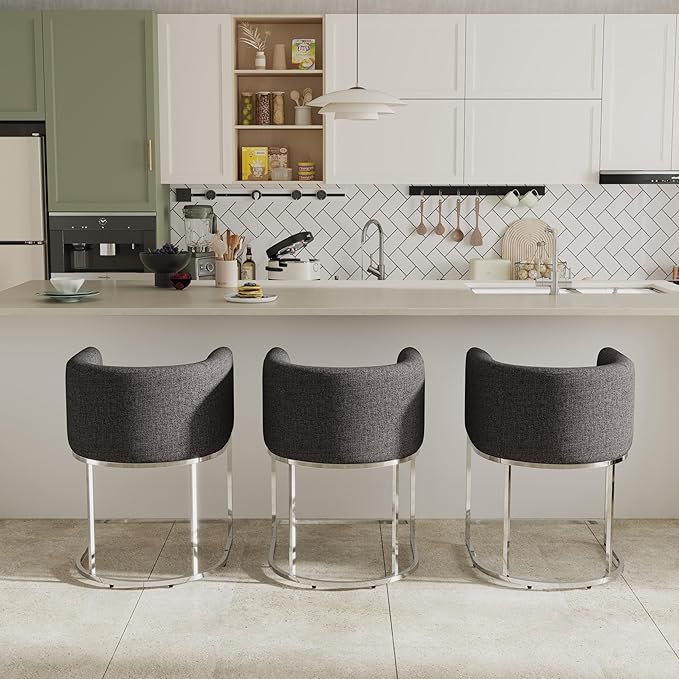 Contemporary Charcoal Linen Bar Stool, 24" Upholstered Fabric Counter Height Barstool Kitchen Counter Island Stool with Screwed Together Chrome Finish Base