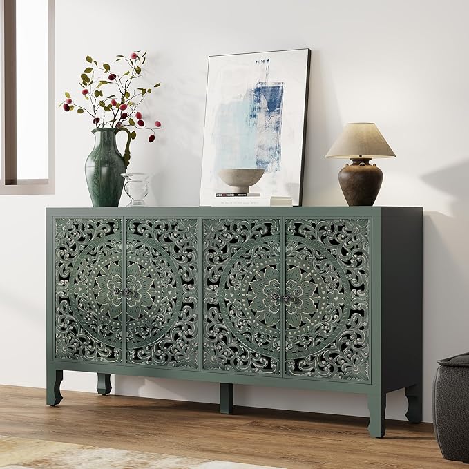 Buffet Cabinet with Storage, Accent Cabinet with 4 Carved Doors, Solid Wood Sideboard with Adjustable Shelf, Vintage Cabinets for Kitchen, Living Room, Entryway, Green