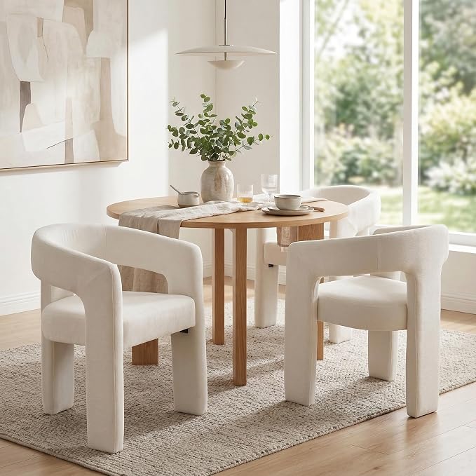 HNY Modern Barrel Kitchen & Dining Room Chairs Set of 6, Chenille Upholstered Accent Chairs with Arm, 18.5'' Wide Side Armchairs Vanity Chairs for Living Room Bedroom Makeup Small Spaces, White