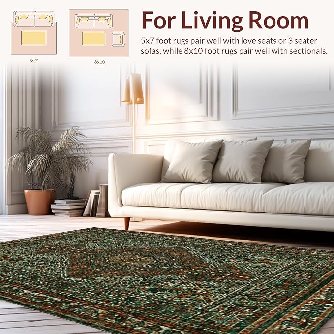 Flatwoven High Traffic Area Rug 5x7, Nordic Geometric Runic Motif with Interlaced Diamonds and Earthy Tones, Non Slip, Stain Resistant, Washable Area Rugs for Living Room, Bedroom (Green, 5x7)