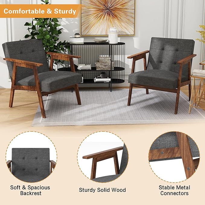 Mid Century Modern Armchair, Upholstered Fabric Lounge Chair with Walnut Finish Frame for Living Room, Comfortable Sofa Chair in Dark Gray