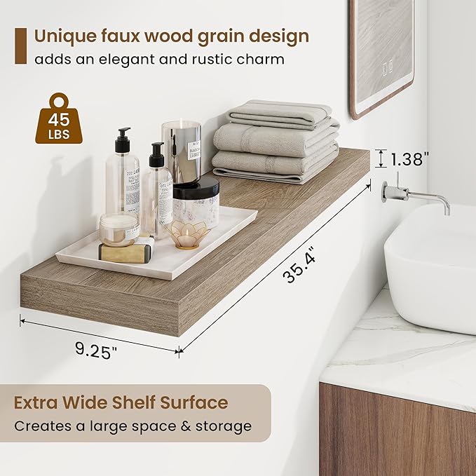 36in Floating Shelves for Wall, 36"W x 9.25"D x 1.25"H, 2 Pack Long Wall Mounted Engineered Wood Shelves with Invisible Brackets for Living Room, Bedroom, Bathroom, Kitchen Decor and Storage, Grey