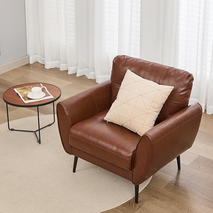 TYBOATLE Accent Chair, Comfy Modern Living Room Brown Leather Reading Accent Chairs Tufted Mid Century Arm Chair Small Salon Chair for Office Bedroom(1, Brown)