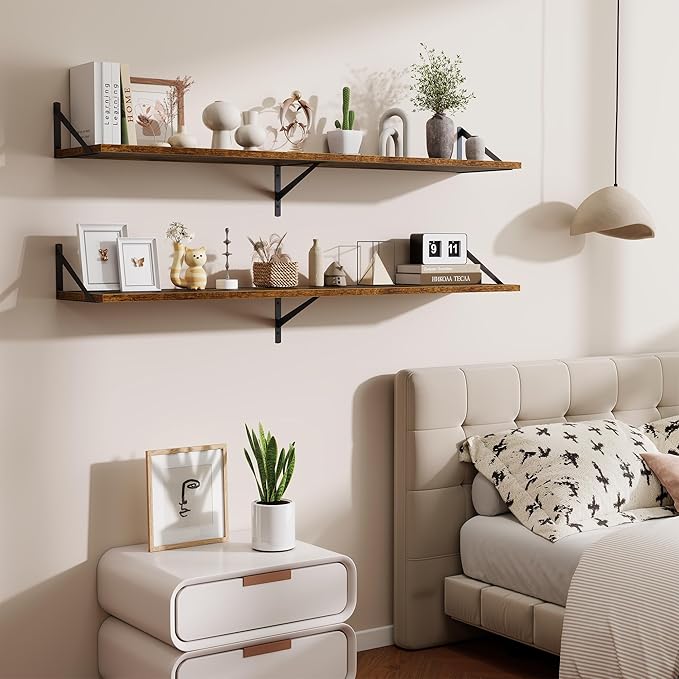 Deep Floating Shelves,55" Wx10 D Wood Wall Shelves Set of 2,Long Wood Floating Shelf with Metal Brackets,Floating Bookshelf for Living Room,Kitchen,Office,Bedroom,Decor Storage,Rustic Brown