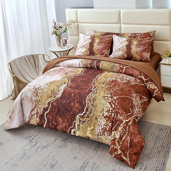 PERFEMET 6 Pcs Brown Marble Bedding Set King Watercolor Tie Dye Printing Comforter Set with Sheets Abstract Artwork Brown and Gold Bed in A Bag Complete Set(Coffee Brown, King)