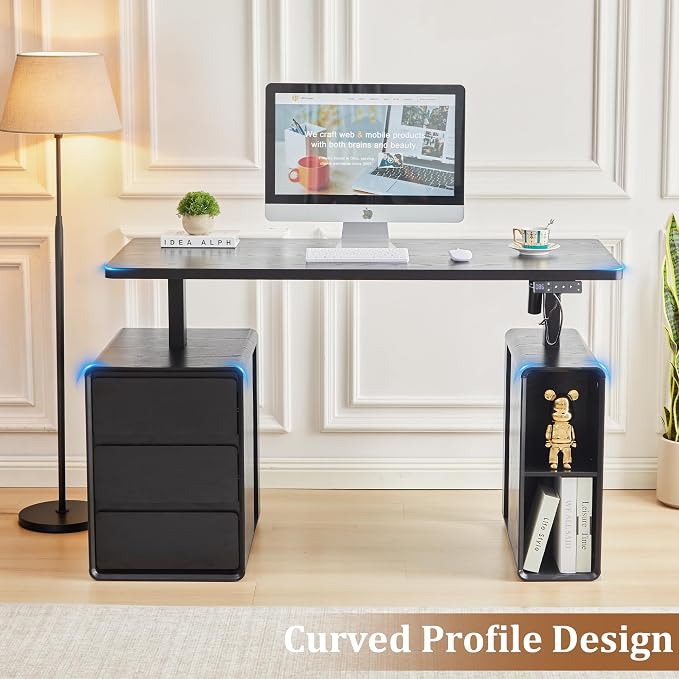 Electric Standing Desk with Drawers, 55" Office Desk Height Adjustable Executive Desk with Storage Shelves, Simple Setup Wood Desk Home Office Stand up Desk for Work, Study, Writing, Black