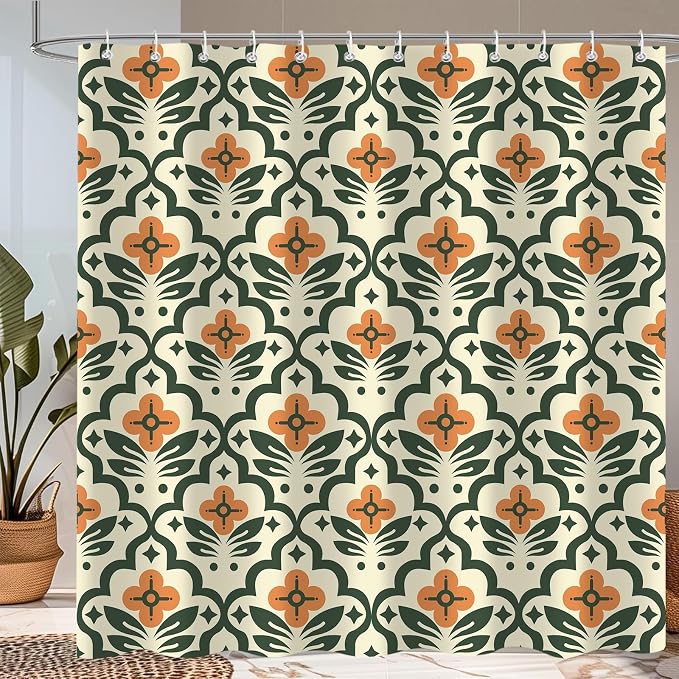 Vintage Boho Floral Shower Curtain，Mid Century Modern Abstract Orange Green Bathroom Curtain，Polyester Fabric Waterproof Bath Curtains 60x72 Inch with 12 Hooks