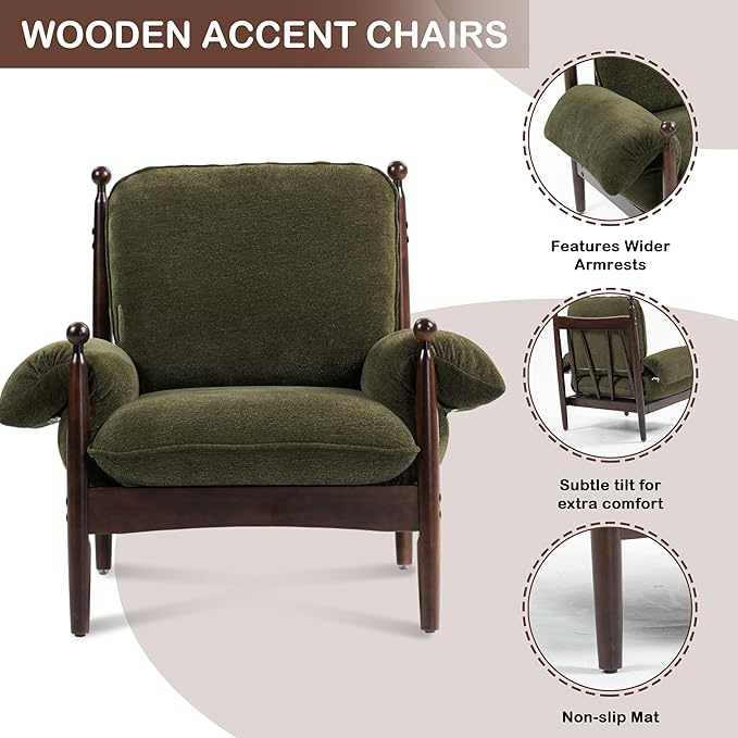 AQO Mid Century Modern Accent Chair with Arms, Upholstered Spindle Chair with Wood Frame, High-Resilience Sponge Cushion for Living Room Bedroom Office