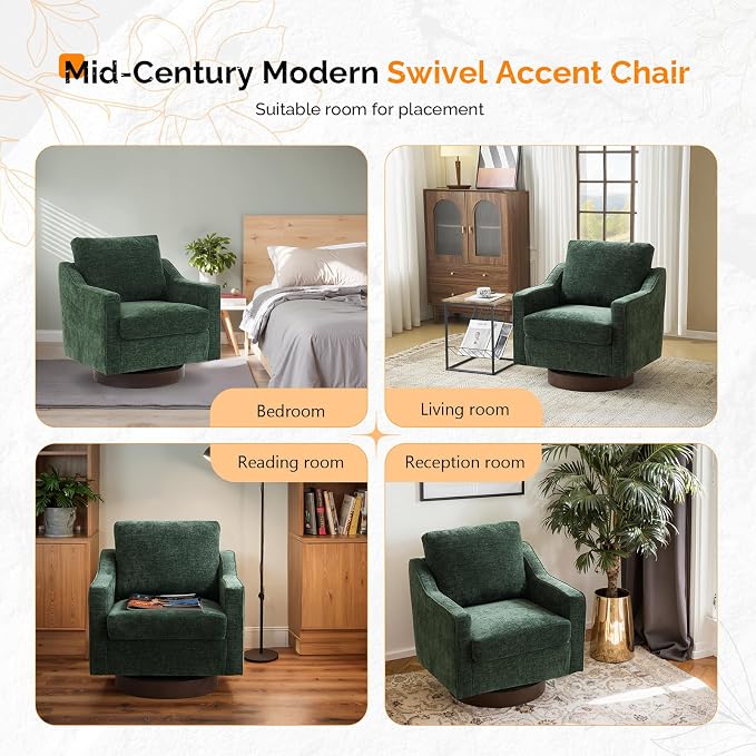 VINGLI Mid-Century Modern Swivel Accent Chair, 360°Upholstered Armchair, Home Sofa with Track Arms for Living Room, Bedroom, Reading Room, Club Swivel Chair,Chenille Green