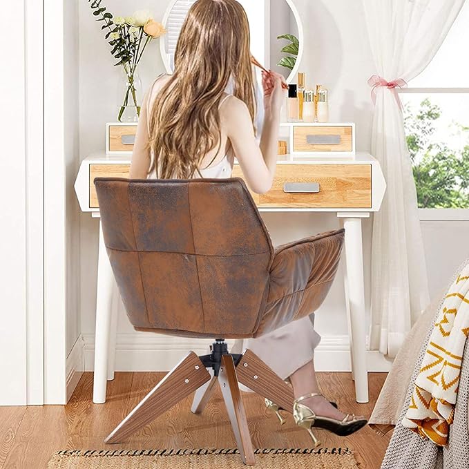Mid Century Accent Chair, Hot Stamping Cloth Desk Chair no Wheel, Modern Cozy Vanity Chair Advanced & Wear-Resistant with Amrest, Wood Legs for Living Room, Reading Room, Bedroom (Brown)