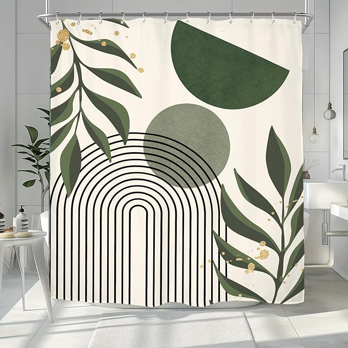 Miyotaa Abstract Sage Green Minimalist Shower Curtain Set 60Wx71H Inches Geometric Aesthetic Modern Mid Century Neutral Contemporary Plant Leaves Waterproof Bathroom Curtain with 12 Hooks