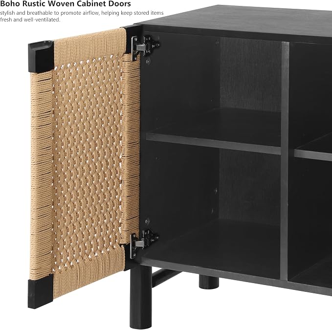 Modern Farmhouse Sideboard Buffet Cabinet 65.6’’ Boho Credenza Coffee Bar Console with Handwoven Paper Rope Doors, Storage Accent Cabinet for Living Room, Hallway & Kitchen, Black