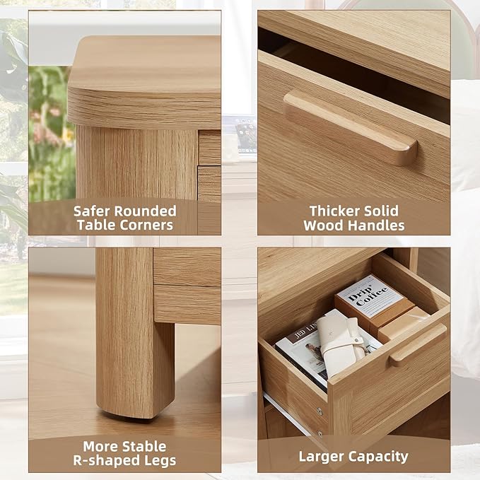 Farmhouse Nightstand with Charging Station, End Tables Bedroom with 2 Large Drawers & 4 Thickened Table Legs, Natural Wood