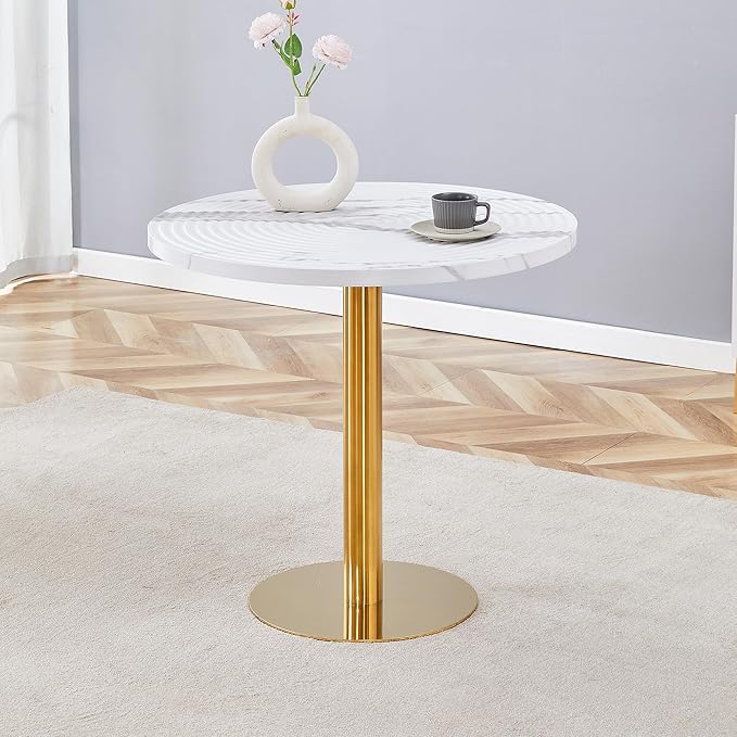 31.5 Inch Round Dining Table for 2-4 Person,Mid-Century Modern White Tulip Kitchen Table, Faux Printed Marble Top with Suction Molding Annular Texture and Gold Metal Base