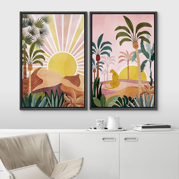 IDEA4WALL Framed Canvas Print Wall Art Set Sunlight Over Tropical Jungle Cheetah Cat Nature Wilderness Digital Art Modern Art Decorative Animals for Living Room, Bedroom, Office - 24"x36"x2 Black