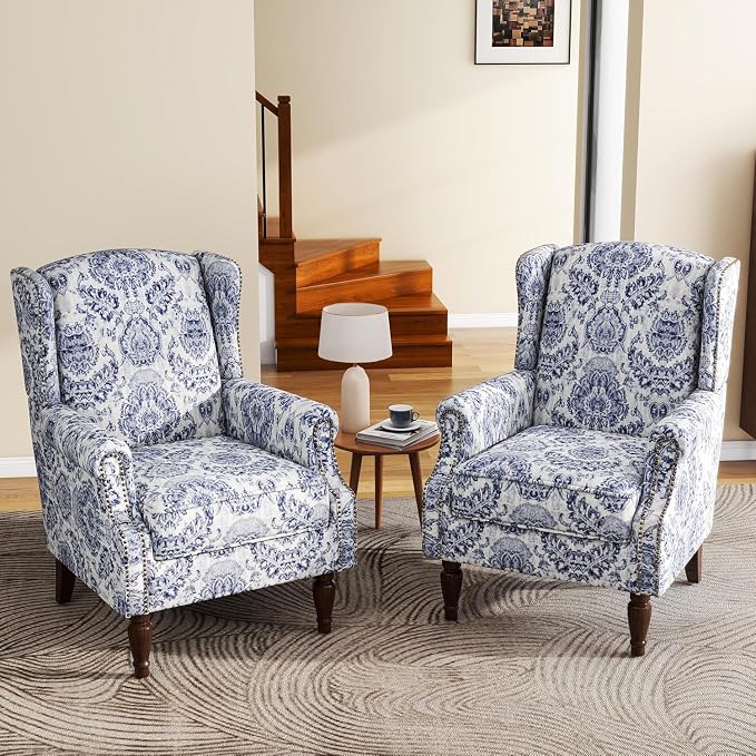 High Back Accent Chair, Fabric Upholstered Armchair for Living Room, Floral Wingback Chair with Retro Solid Wood Legs, Nailhead Trim Single Sofa Bedroom Reading Seat - Navy Blue