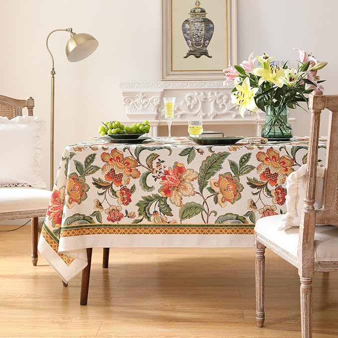 patdrea Designer Vintage Linen Rectangular Tablecloth,Provencal Rustic Floral Pattern Tablecloths,Decorative Table Cover Cloth for Kitchen,Dining,Tea Party,Home,Christmas,63"*94"