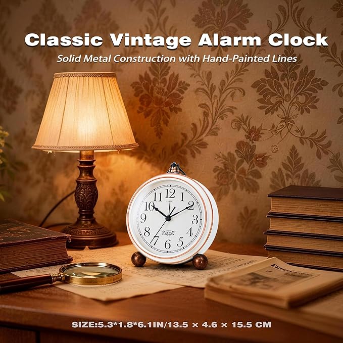 AYRELY® 5.3" Vintage Analog Alarm Clock, Battery Operated Metal Desk Clock, Retro Table Clock with Light for Living Rooms, Bedrooms, Shelf, Home Decor (White)