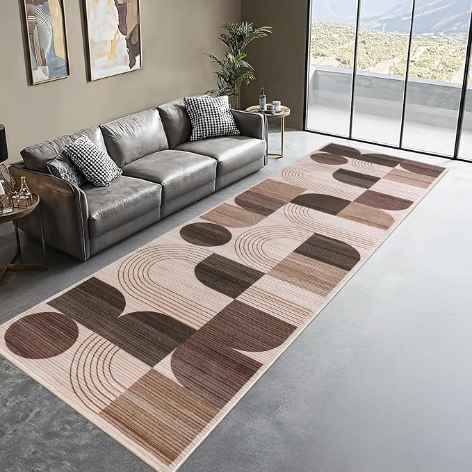 Machine Washable 2.7x10 Runner Rug, Soft Modern Geometric Abstract Brown Rugs for Bedroom Living Room, Non-Shedding Faux Wool Indoor Throw Floor Carpet for Office Entryway Dining Room Decor
