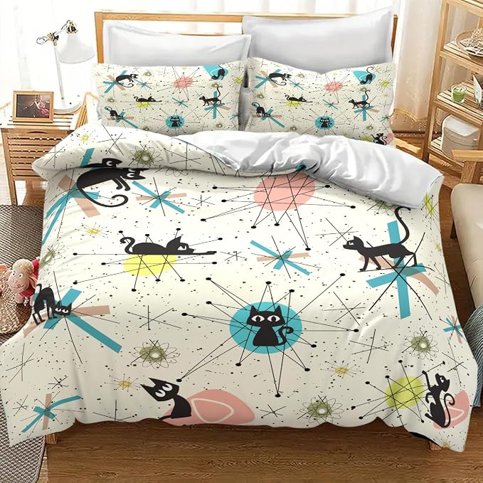 Mid Century Black Cat Comforter Set,Retro Abstract Atomic Star Pattern Cartoon Black Cat 1950s 1960s Vintage Pastel Bedding Set with Pillowcase for Bedroom Bed Decor，Twin 86"x70"