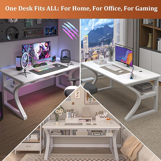AZN Computer Desk, 55x24 in Computer Desk, Office Desk w/Storage & U-Size Metal Frame for Home Office Bedroom Gaming, Office Desk w/Water-Resistant, Scratchproof Surface, White