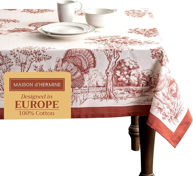 Maison d' Hermine Table Cloth Rectangle Table 100% Cotton 60 x 120 Inches Fall Tablecloth Reusable Everyday Use for Thanksgiving Christmas Decorations Dining Farmhouse Party (Holy Jouy - Red)